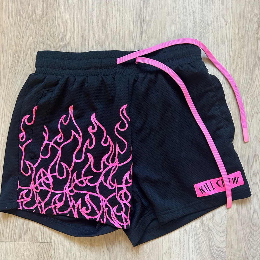 Kill Crew Women's Athletic Shorts with Pink Flame Design